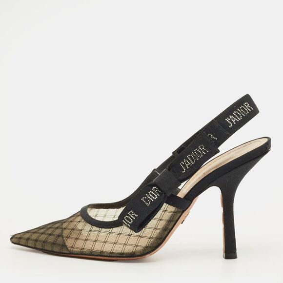 Dior J'adior Size 38 Black Mesh And Net Slingback Pumps